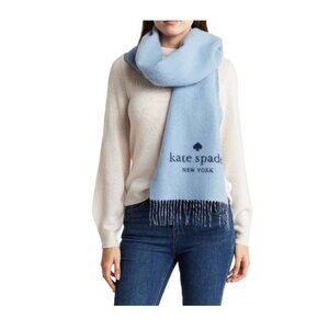 Kate Spade Womens Blue Logo Oblong Wool Cashmere Blend Fringe Scarf New